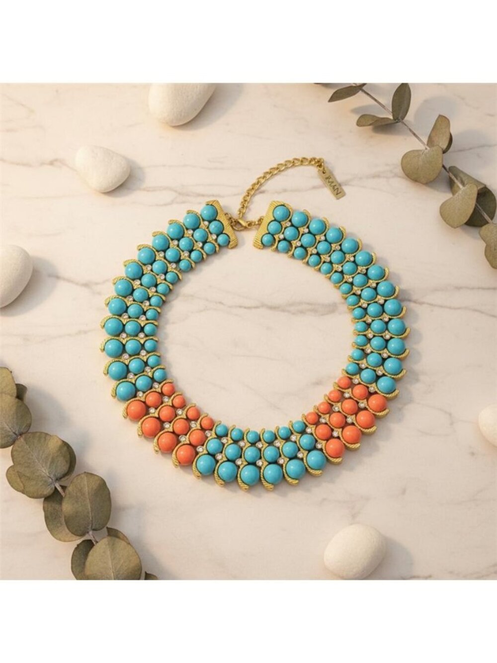 IMAN Colorblock Beaded Statement Collar Necklace Blue Orange Gold Tone NWT